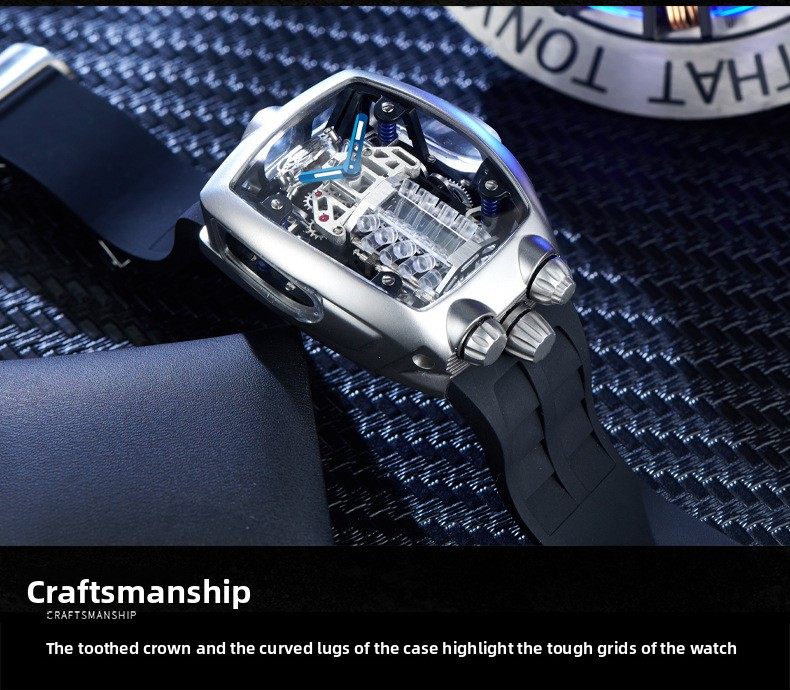 OBLVLO Bugatti‑Inspired V16 Engine Skeleton Automatic Watch, Men’s Tonneau‑Shaped Thick Mechanical Wrist Watch