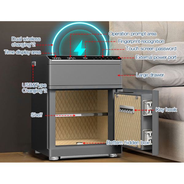 Biometric Fingerprint Nightstand Smart Safe Box Solid Steel Construction For Home Security