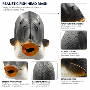 Realistic Grass Carp Latex Full Head Mask, Fish Character Costume with Scaled