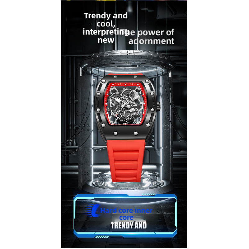 Luminous waterproof skeletonized quartz watch, barrel-shaped men's watch