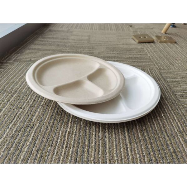 9" 3 Compartment Biodegradable Sugarcane Bagasse Plates