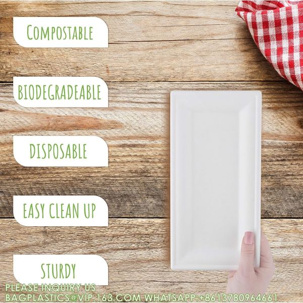 Rectangular Disposable Serving Plates 100% Natural Sugarcane Bagasse Fiber Platter Biodegradable & Compostable Party