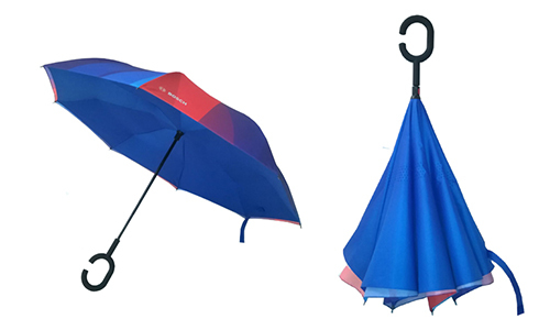 Bosch Digital Printing Double-Layer Reverse Umbrella showcasing vibrant red, blue, and purple design with Bosch logo
