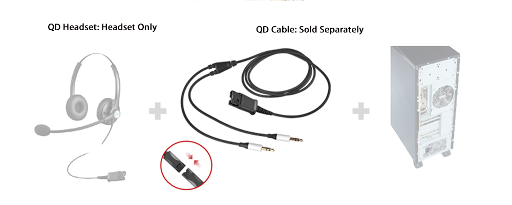 Call Center QD Headset Cable to 3.5mm 2-Plug Jack, Quick Disconnect QD Cable for PC