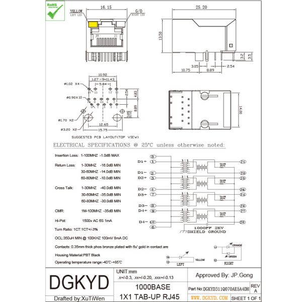 Ethernet Magnetic socket RJ45 with Transformer 1000 BASE-TX 10P8C tab up OEM/ODM