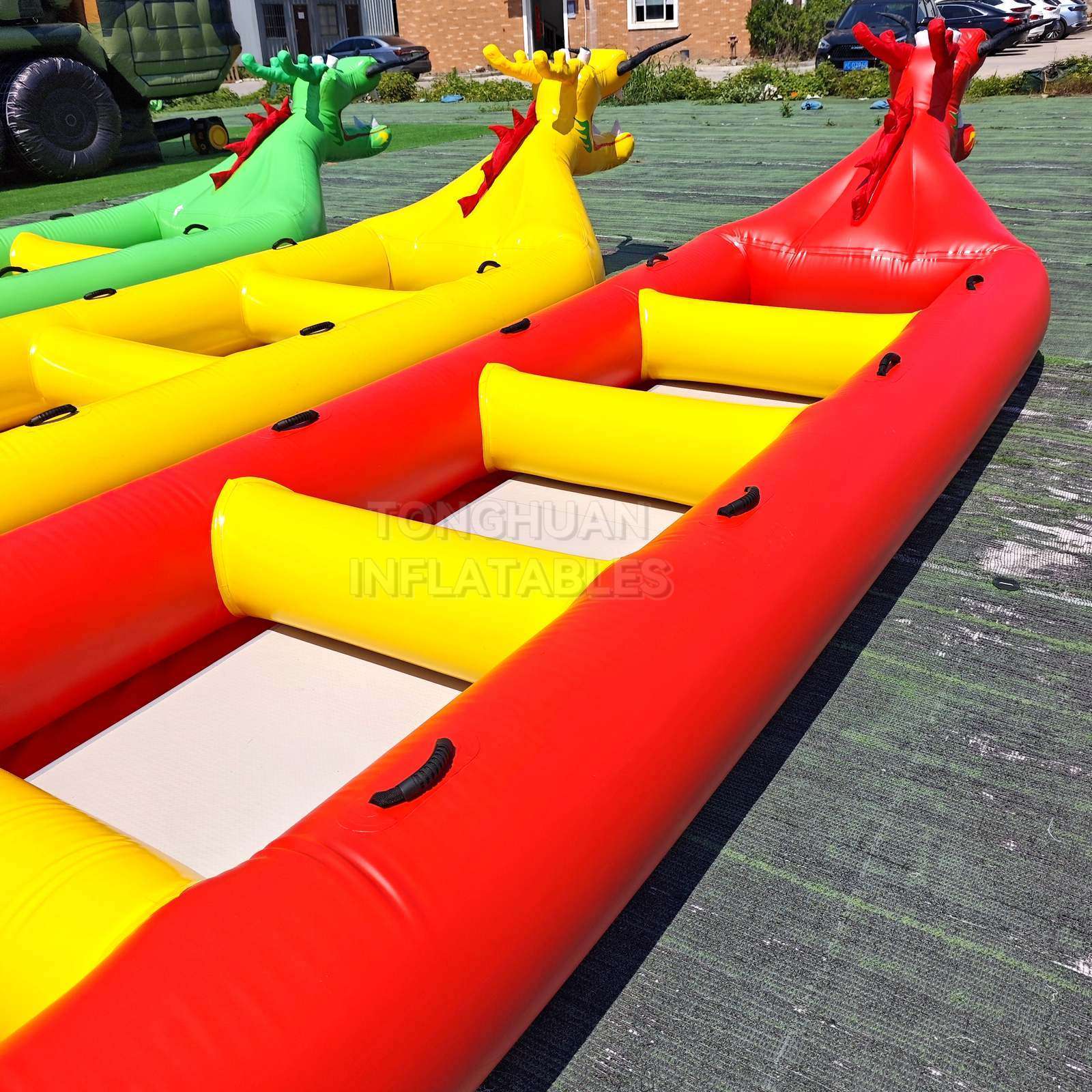 Custom Inflatable Dragon Boat with Multi Person Bench Seats Reinforced Grab Handles and Color Options for Team Racing Lake Events and Water Rentals
