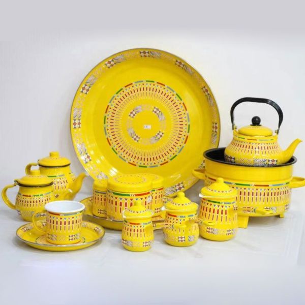 Classic Saudi Type Colorful Enamel Tableware Teapot Sets with Traditional Patterns