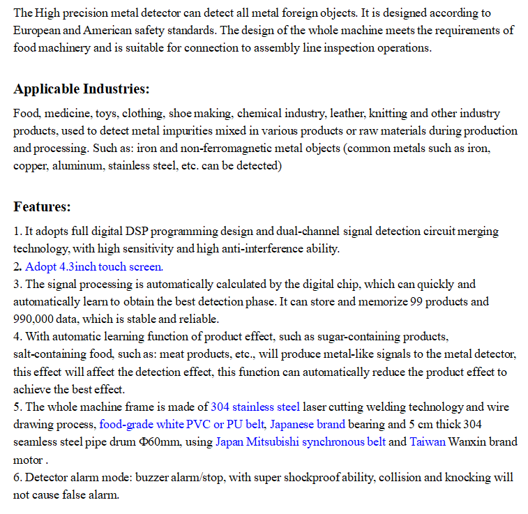 Food Metal Detector for Inspecting Foreign Object in Bagged Vegetable