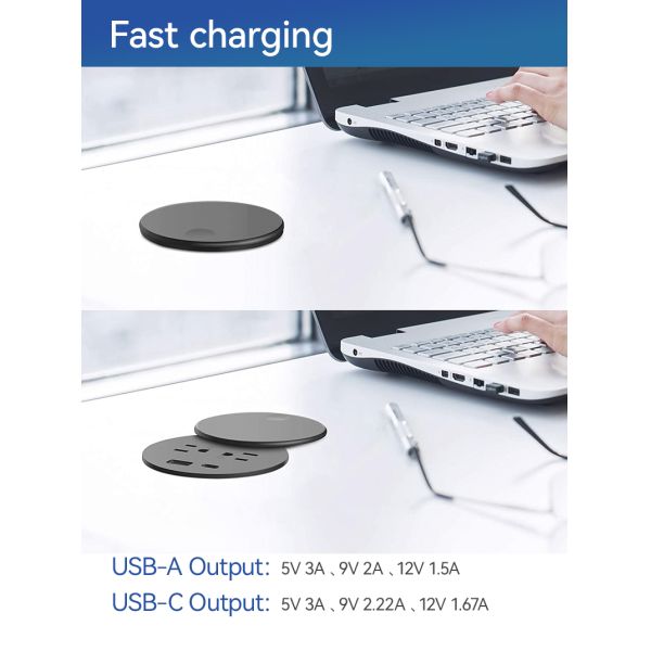 Waterproof ETL Certified Desk Power Grommet with 20W Charging and Rotating Lid