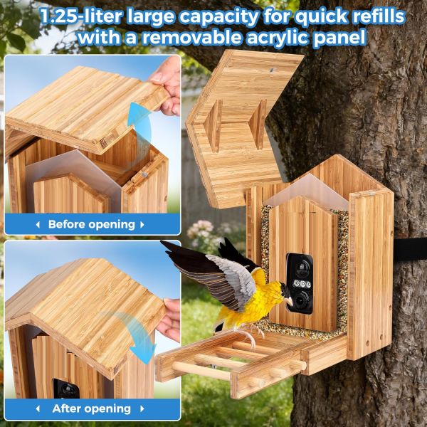 Bamboo wooden smart bird feeder - front view