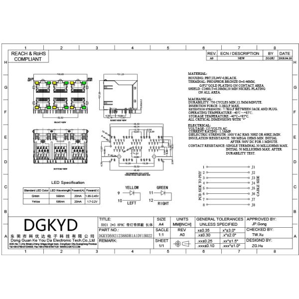 DGKYD59212388DB1A1DY1B022 RJ45 Ethernet Socket 2X3 Port 8P8C Modular Socket With Isolation Spring LED