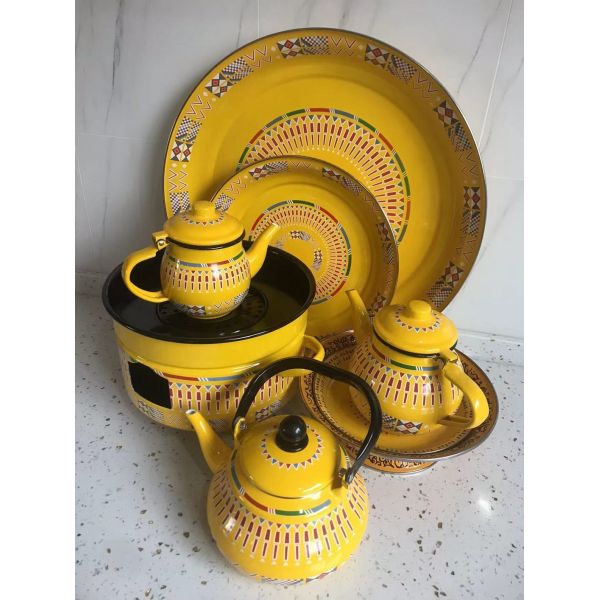 Classic Saudi Type Colorful Enamel Tableware Teapot Sets with Traditional Patterns