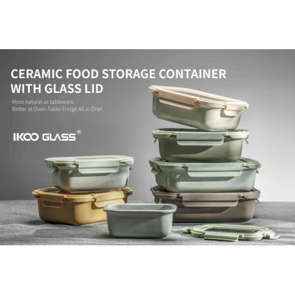 IKOO Stackable Leak-proof Microwave Safe Ceramic Food Storage Container with Glass Lid