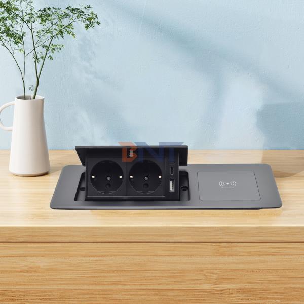 Aluminum Desktop Power Socket Box Multi-Connection Pop-Up Hidden Charging Sockets with Wireless Charging Technology