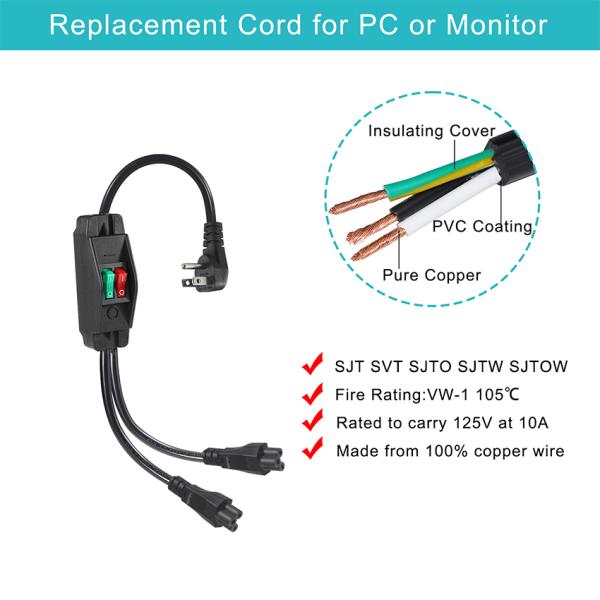 NEMA 5-15P to Dual IEC C5 Power Splitter with Switch 125V 10A