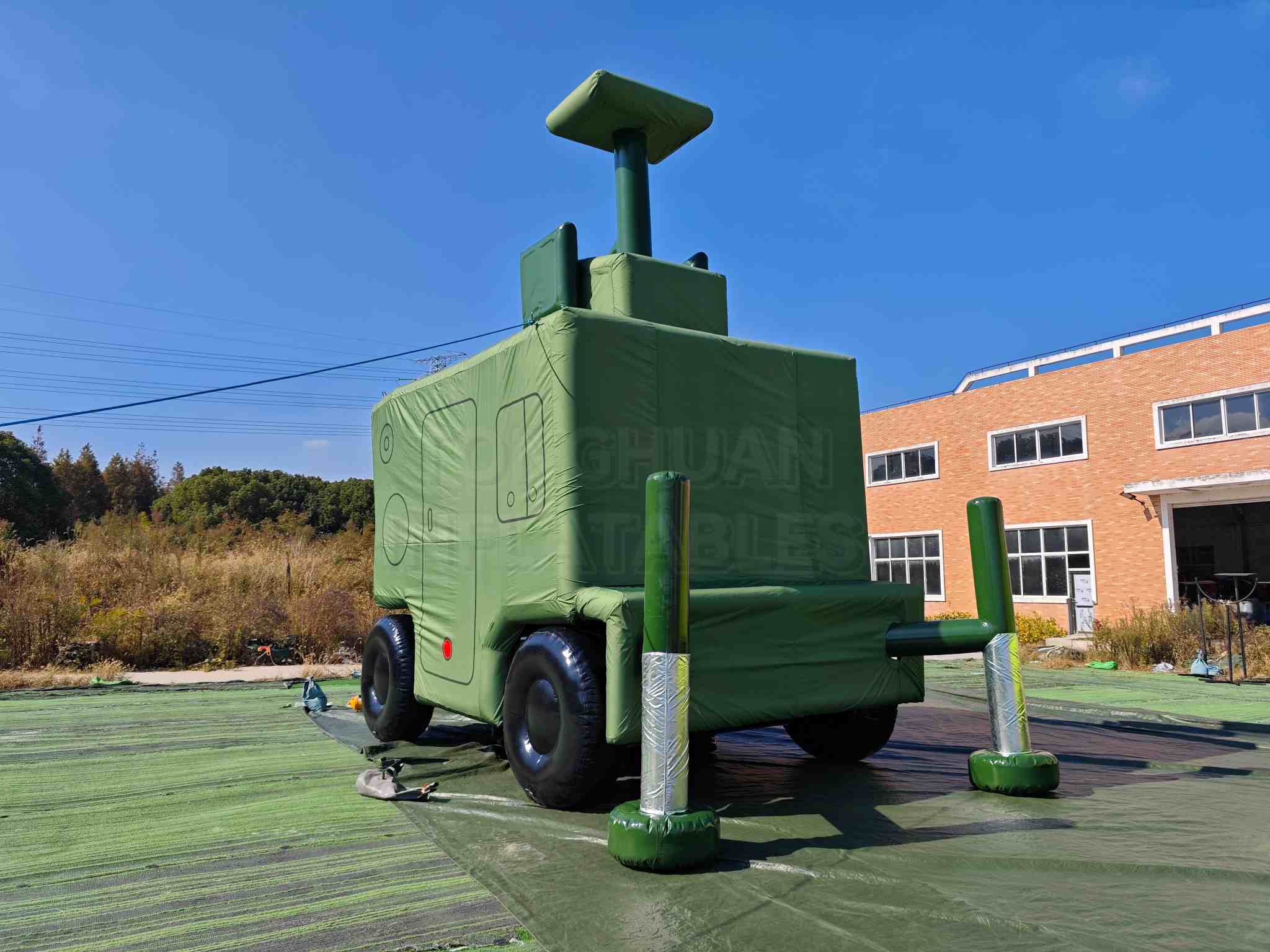 Custom Inflatable Radar Trailer Replica with Raised Antenna Mast Box Body Wheels and Tow Bar for Training Display Exhibition and Outdoor Simulation