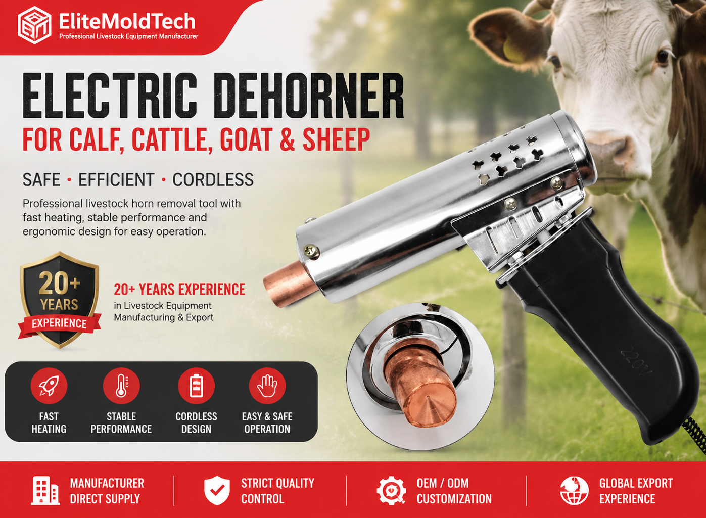 Electric Dehorner with Rapid Heating High-Purity Copper Heating Head and Ergonomic Anti-slip Handle for Livestock Horn Removal
