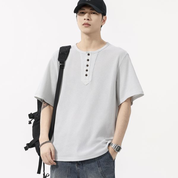 Minimalist Waffle O-Neck Regular Fit Solid Knitted Printed Cotton-Polyester Vintage T-shirt for Men's Autumn Casual OEM