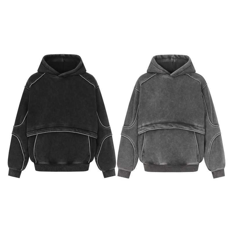 Dark Grey Washed Heavyweight Fleece Winter Hoodie Reflective Strip 3D Pattern Vintage Style Oversized Fit Breathable Windproof