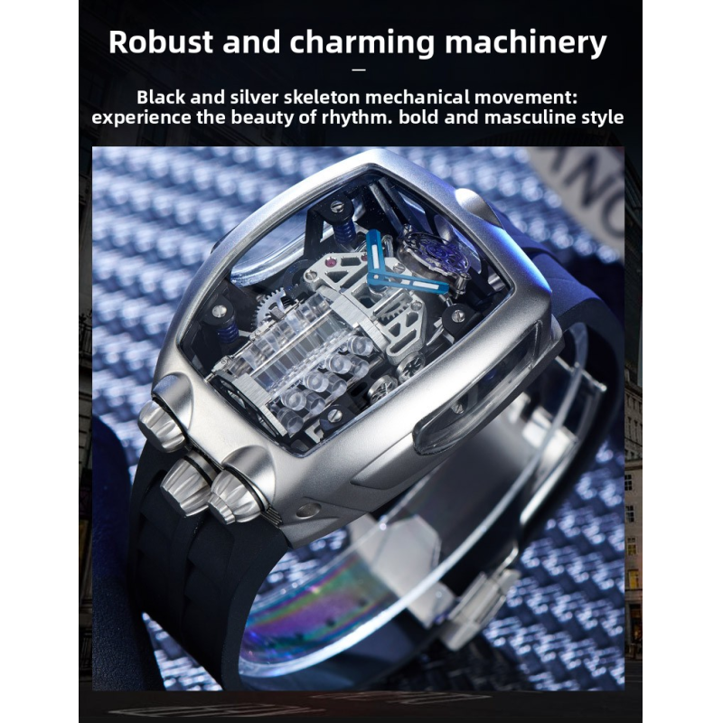 OBLVLO Bugatti‑Inspired V16 Engine Skeleton Automatic Watch, Men’s Tonneau‑Shaped Thick Mechanical Wrist Watch