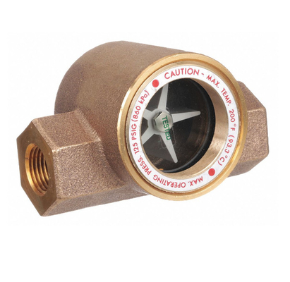 Dwyer SFI-100T Series Flow Indicator/Transmitter showing brass construction with transparent window