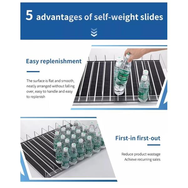 Automatic Fridge Auto Feed Spring Loaded Bottle Canned Drink Beverage Water Roller Glide Shelf Pusher System