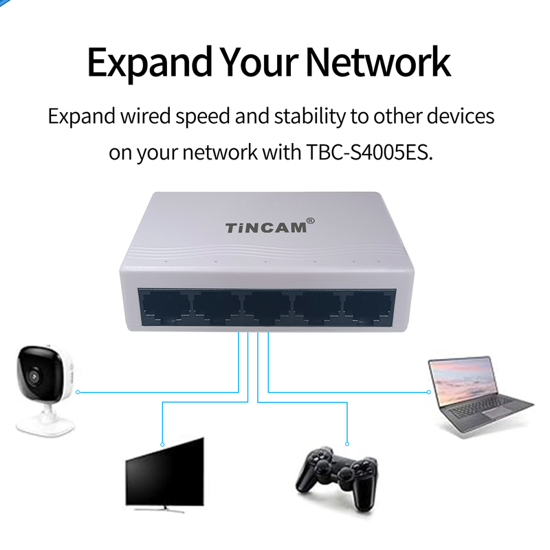 5 Port 10/100Mbps Fast Ethernet Switch Unmanaged Desktop Network Switch Plastic Housing Plug and Play External 5V Power Adapter TBC-S4005ES