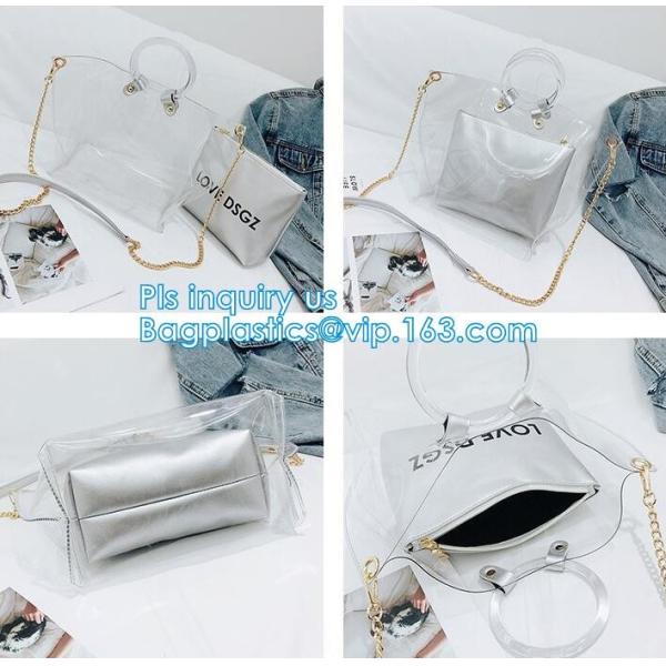 Promotional fashion soft pvc tote beach bag pvc handbag, handbag min min handbag for kids, Zipper Pocket Clear Beach Han