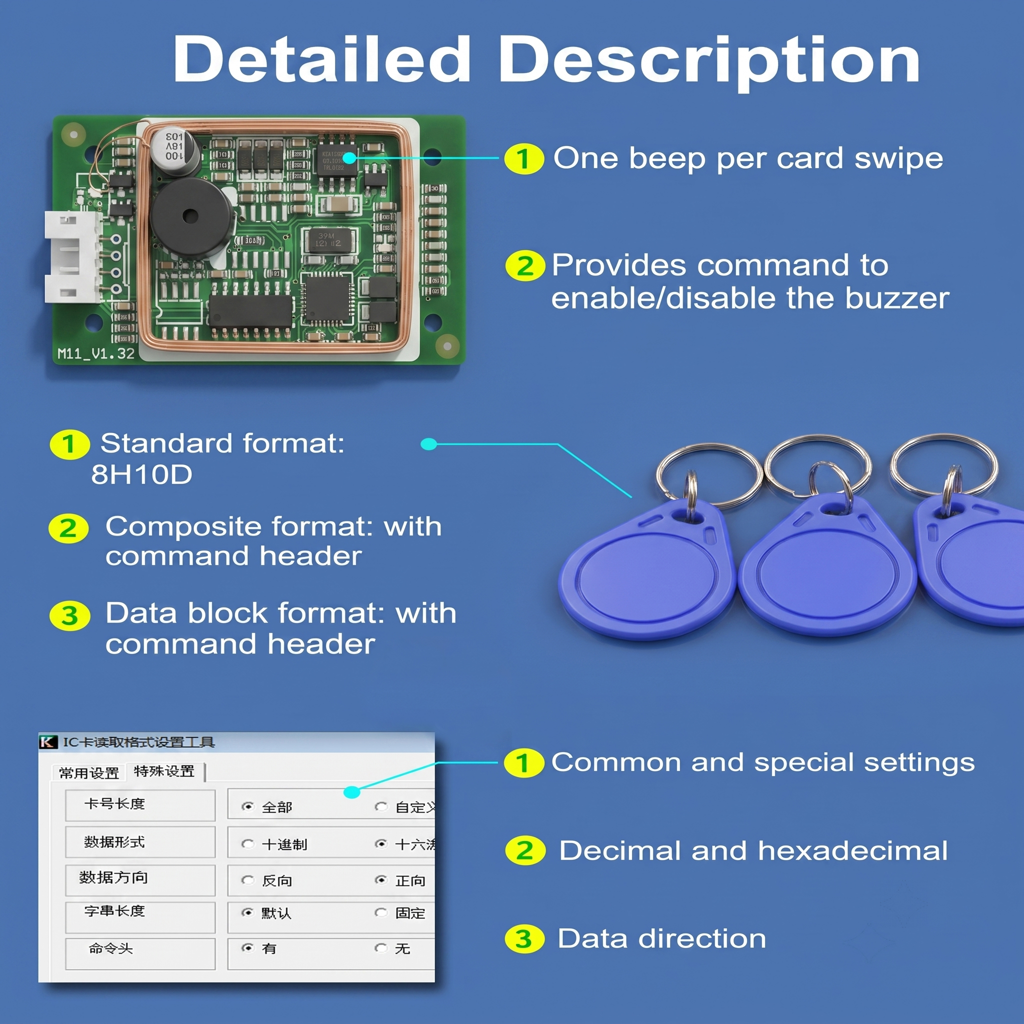 JP-M11-WF-UH-00 Dual‑frequency RFID Reader Module ISO14443A 125KHz ID IC NFC CPU Card Reader with Wiegand RS232 RS485 USB TTL