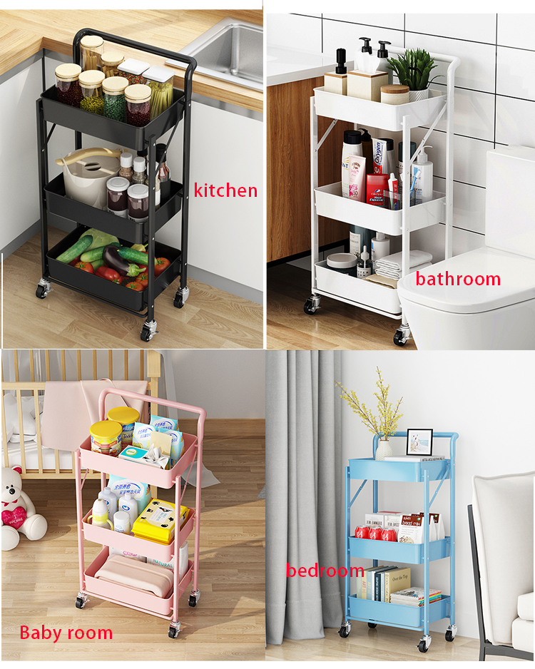 Foldable Trolley Rack Floor Multi-Layer Kitchen Bathroom Bedroom Removable Storage Shelf With Wheels