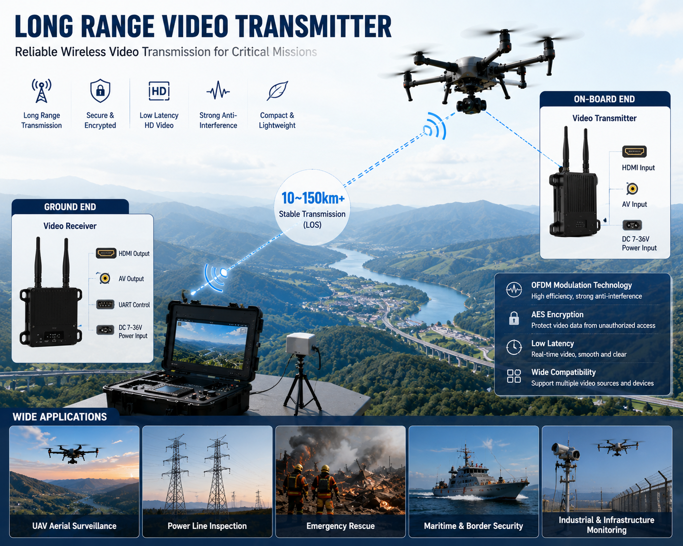 Long Range COFDM Video Transmitter With HDMI & AV Input | Secure UAV Video Link Solution