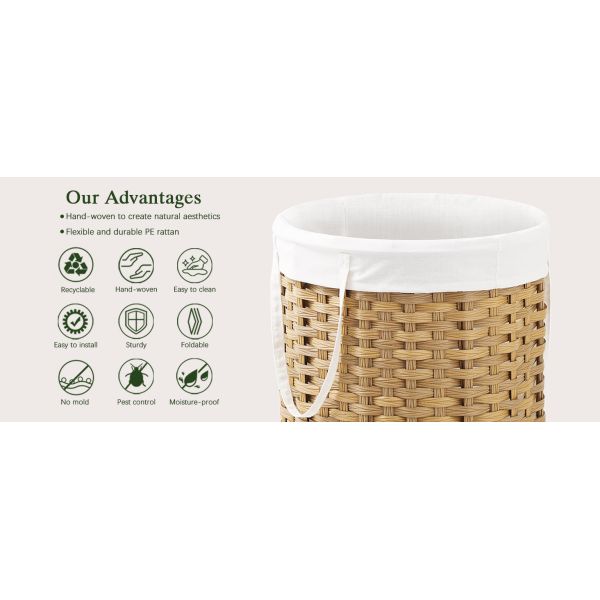 Large Laundry Hamper Laundry Basket Round Handwoven Wicker Laundry Baskets Rattan Laundry Basket With Removable Bag Handles 2 Mesh Bags For Living