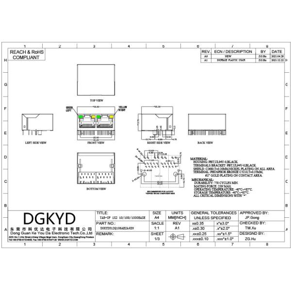 DGKYD312Q106AB2A4DN Multi-Port 1X2 RJ45 Network Connector Ethernet Transformer Gigabit Integrated Filter With Light