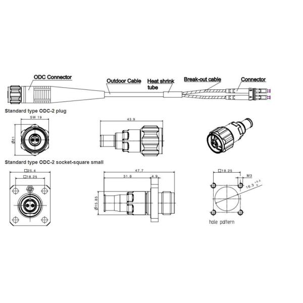 Duplex Outdoor Fiber Optic Patch Cable With IP67 Military Grade ODC Type (Plug) to LC UPC SM 9-125 Bare Fiber