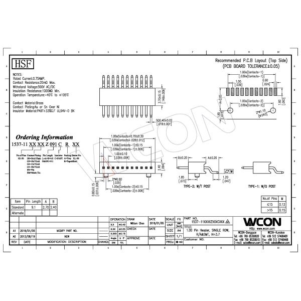 90° SMT 1 Mm Pitch Pin Header Connector / Single Row Pin Header