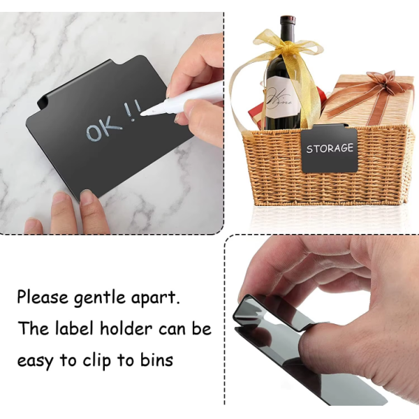 Custom Plastic Kitchen Pantry Basket Labels Clips With Holder Rewritable Removable Black Labels For Storage Bin