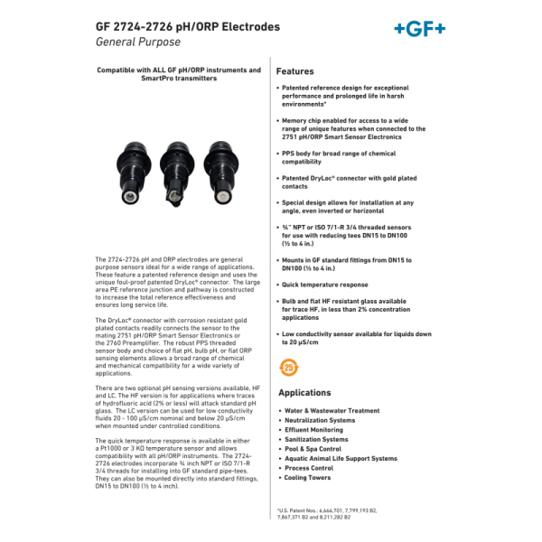 GF Signet 2724-2726 PH ORP Electrodes Sensor Probe with Plastic Material and Universal Motor for Industrial Automation
