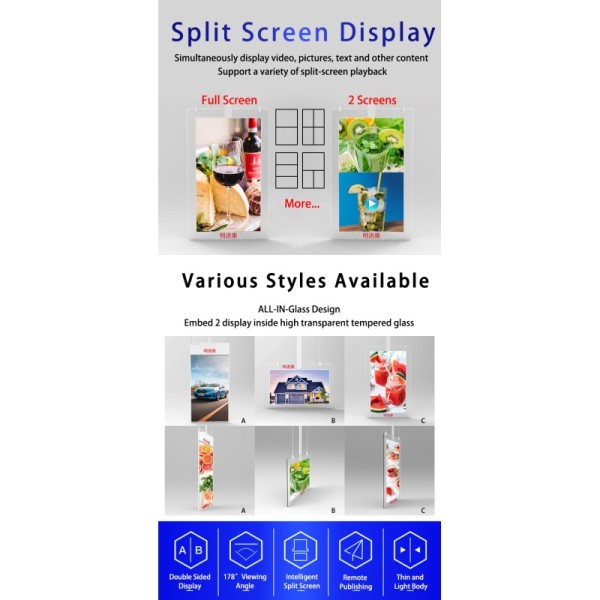 Dual-Sided 55 Inch 4K Transparent LCD Display Built-In CMS Remote Management Roof-Hanging Digital Signage for Commercial Use