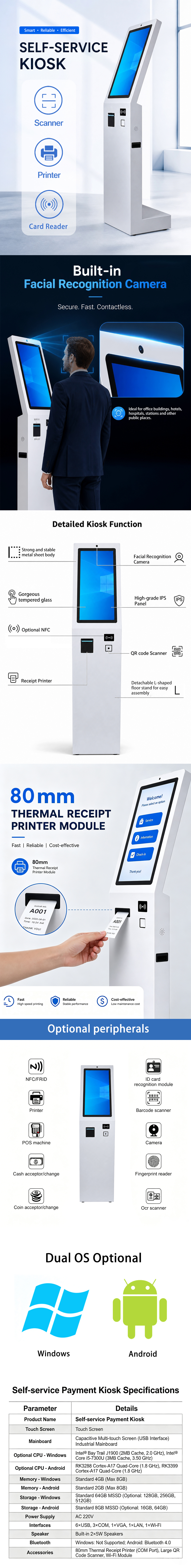 Customizable Interactive Self Service Kiosk with 22 24 27 32 Inch Screen Size and Capacitive Touch Screen for Floor Standing Installation