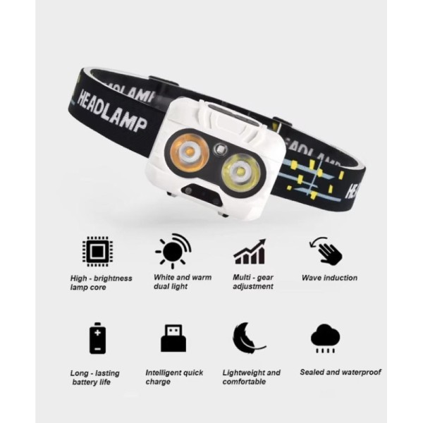 Headlight Strong Light Super Bright Charging Small and Light Long-lasting Sensing Night Fishing Fishing Special Dual-color Lamp