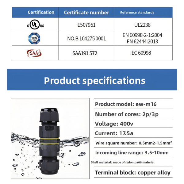 Waterproof Connector M16 2-Pin Straight Through IP68 Screw Locking