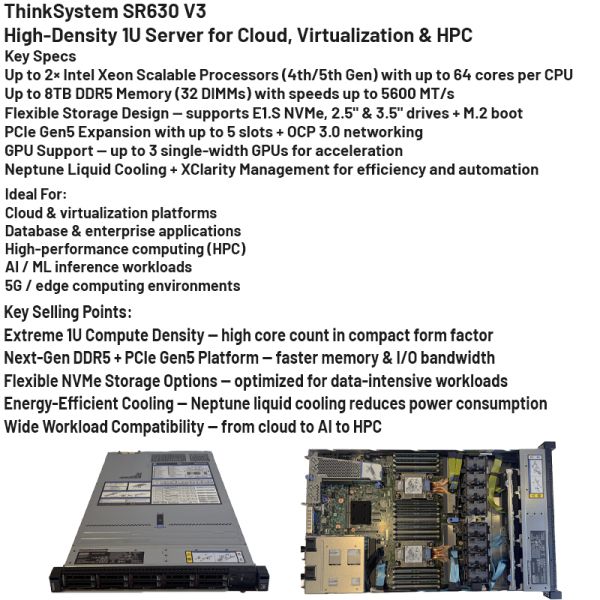 Lenovo ThinkSystem SR630 V3 1U Rack Server with 5th Gen Intel Xeon Scalable Processors, 32x DDR5 DIMMs, and 16x EDSFF E1.S Drives