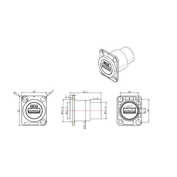 Ip65 Waterproof Panel Mount Connector 4 Pin Audio Video Connector For Data Cable