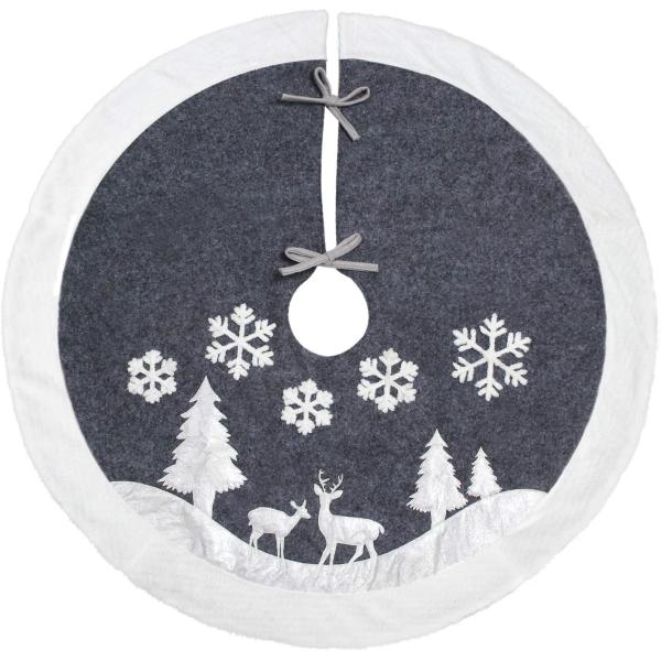 Tree Skirt, Fur Rustic White Xmas Tree Skirt,Snowy Christmas Trees Mat Decorations Indoors,Deer and Snowflake Pattern