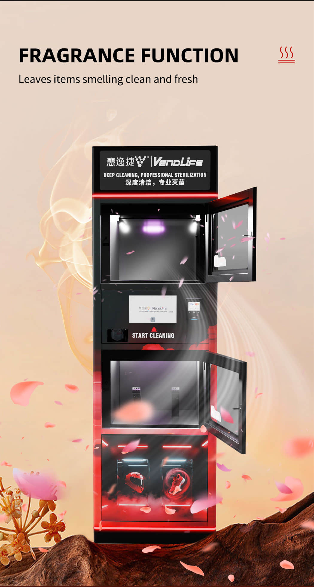 Smart Helmet Cleaning Vending Machine with UV Sterilization, Automatic Drying, Deodorizing System and QR Card Payment for Motorcycle Shops, Gyms and