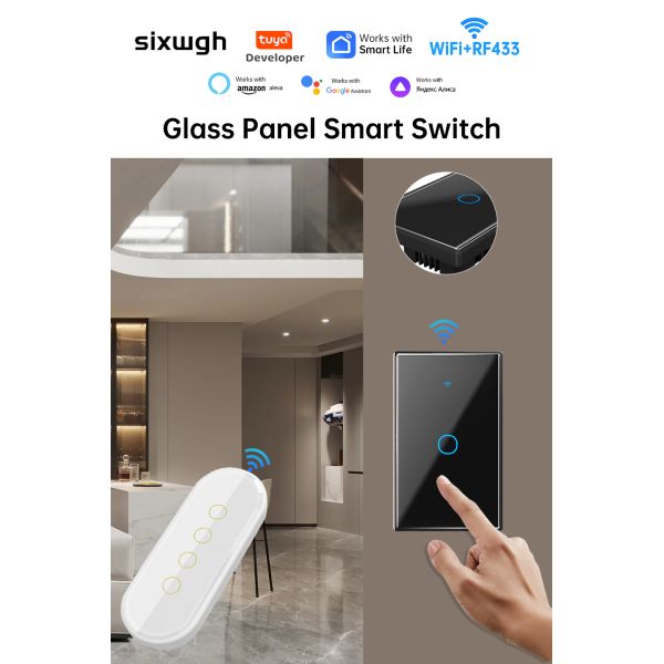 Tempered Glass Smart Touch Switch with Voice Control and 2000W Max Load for WiFi+RF433 Home Automation