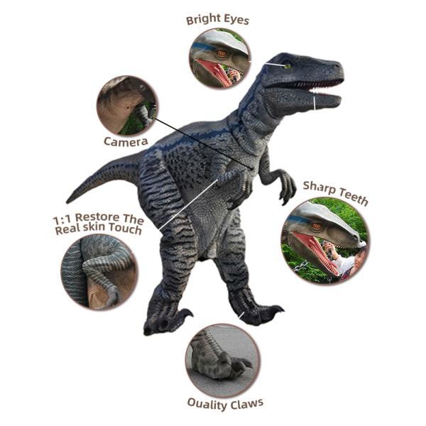 Detailed view of dinosaur costume showing realistic scales and textures
