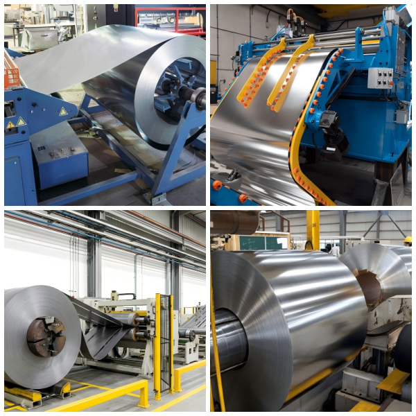 Tin-free steel coil product display showing industrial steel coils in warehouse setting