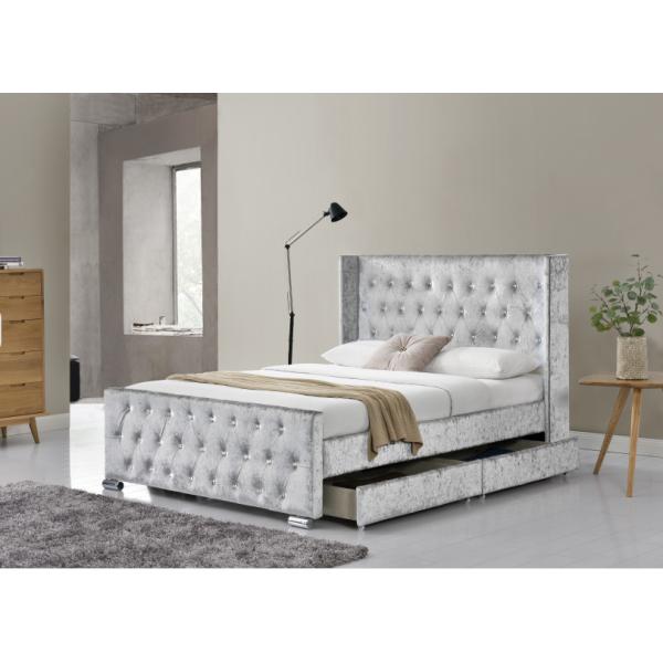 Tufted Storage Velevt Bed With LED Light And Diamand Buttons