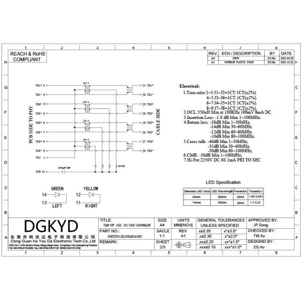 DGKYD312Q106AB2A4DN Multi-Port 1X2 RJ45 Network Connector Ethernet Transformer Gigabit Integrated Filter With Light